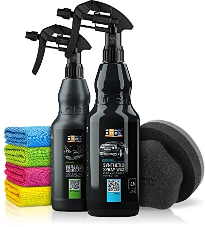 Autopflege Set: ADBL Synthetic Spray Wax Sprühversiegelung + Beetle Juice Squeezer Insektenentfenrer mit Handapplikator + 4x Mikrofasertuch - Lackreiniger, Detailer, Auto Wachs, Sprühwachs | 7-teilig