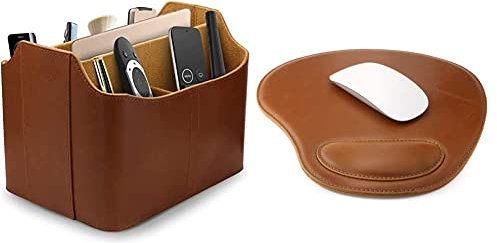 Londo Leder Fernbedienung Organizer und Halter mit Tablet Fach, Fernbedienungshalter - Multifunktion Aufbewahrung (Hellbraun) & Leder Oval Mouse Pad mit Handgelenkauflage (Hellbraun)