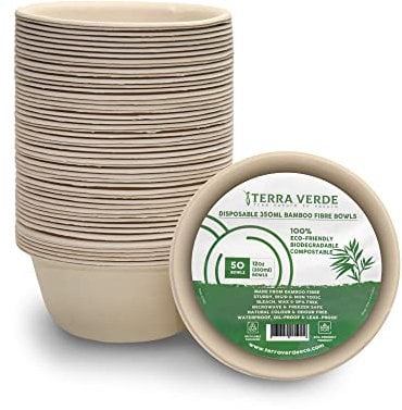 Terra Verde Disposable Bamboo Fibre Paper Dessert Bowls l 350ml Unbleached Natural Brown l Pack of 50 l Compostable Biodegradable Eco Friendly Extra Strong for Salad, Soup, Hot/Cold Food, Snacks