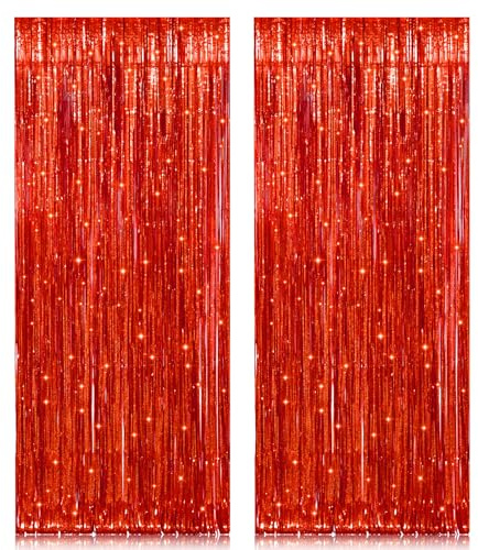 PIGETALE 2PCS 3.2ft x 8.2ft Red Foil Fringe Curtain Backdrop, Glitter Metallic Tinsel Curtains Streamers for Birthday Graduation Wedding Anniversary Holiday Valentine's Day Christmas Party Decorations