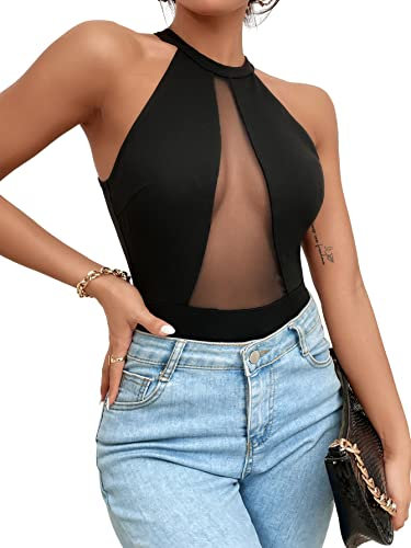 GORGLITTER Women's Mesh Sheer Sleeveless Bodysuit Halter Neck Sexy Lingerie Top Black M