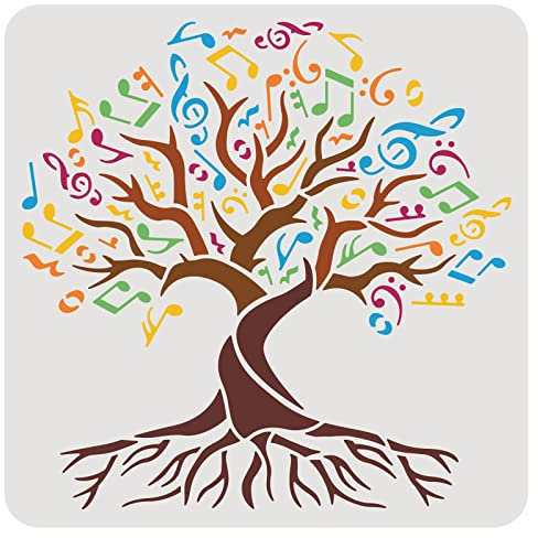 BENECREAT Pochoir motif arbre de vie, symbole de musique, feuilles d'arbre, pochoirs pour peinture sur carte de scrapbooking, sol en bois, tissu mural, 30,5 x 30,5 cm