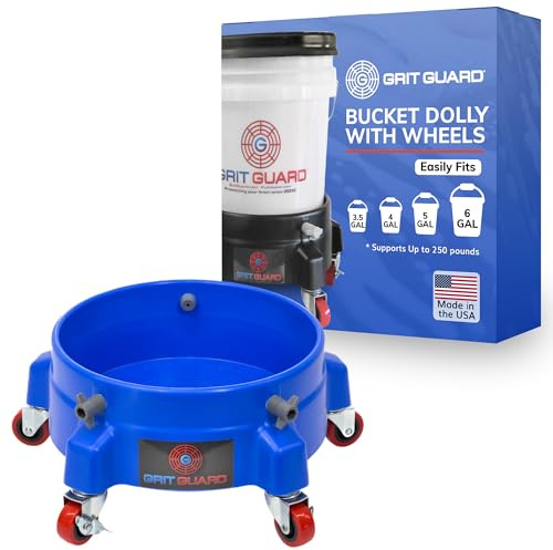 GRIT GUARD - 5 Gallon Bucket Dolly, Quality Made in The USA for Car Washing, Construction, & Food Industry (Blue, 2 Red Casters)