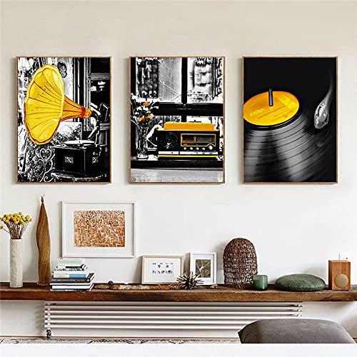 Retro Yellow Style Music Decor Picture Nordic Bedroom Design Canvas Painting Home Decor Wall Art Framed Poster and Print 60x90cm(24x35in) x3 With Frame