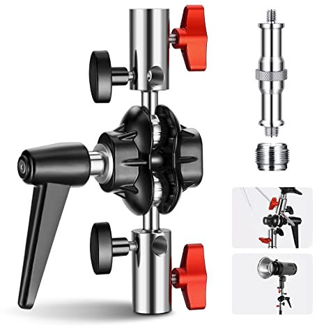 NEEWER Heavy Duty Light Stand Head Adapter with All Metal Dual Swivel Ball Joint, Dual 5/8 Receivers, 1/4 to 3/8 Convertor Spigot Stud, 3/8 to 5/8 Screw, for C Stand, Max Load 14lb, UA020