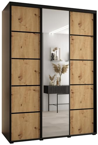 MEBLE KRYSPOL Davos 5 170 Schrank mit DREI Schiebetüren für Schlafzimmer - Moderner Schrank mit Spiegel, Kleiderstange und Regalen - 235,2x170x60 cm - Schwarz Artisan Schwarz