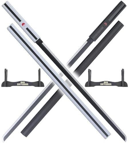 RKS Diffusion Katana Sasuke Pack 2 Katanas Lame en Bois Epee Kusanagi Sabre Blanc et Noir + Support en Bois