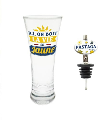 STC Coffret Pastis Verre et Bec verseur Ici on boit la Vie en Jaune