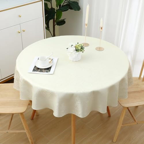 Spotjoy Tischdecke Abwaschbar Rund 140cm Polyester Tischwäsche Jacquard Garten Tafeldecke Ornamente Pflegeleicht - Beige