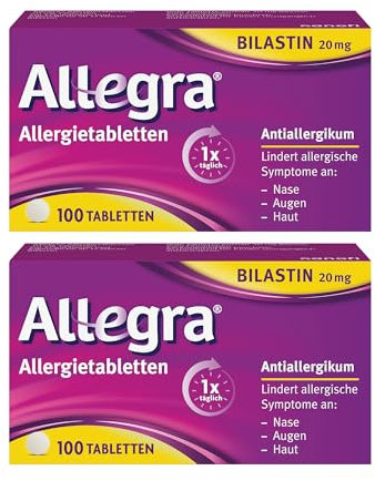 Allegra Allergie Tabletten | 2x100 Stk | Antiallergikum | Wirkstoff Bilastin | schnell und 24 Std wirksam bei Heuschnupfen, Tierhaarallergie, Hausstauballergie, Nesselsucht (Urtikaria)