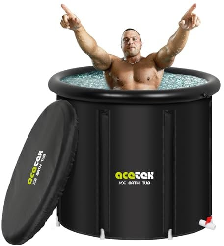 acetek Eisbad Tonne für Athleten mit Abdeckung 90cm,477L tragbares Ice Bath tub für Kryotherapie,Faltbare Eisbad Badewanne für Sportler Freistehende,Mobile Badewanne Eisfass für Outdoor den Innen