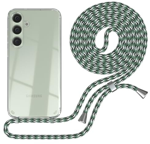EAZY CASE - Handykette kompatibel mit Samsung Galaxy S24 Plus Kette zum Umhängen für Galaxy S24 Plus Hülle mit Band aus Silikon stoßfeste transparente Handyhülle Hell Grün Camouflage - Clips Silber