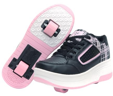 Ragazzi Ragazze Scarpe da Skateboard con 2 Ruote Automatiche, Pattini a rotelle per Bambini con Doppie Ruote, Scarpe da Fitness per Esterno Sneakers, Nero-Rosa, 32 EU