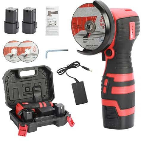 Smerigliatrice angolare a batteria, 16,8 V, senza fili, con potenza di 550 W, spessore di taglio 10 mm, batteria 2 x 1,5 A, caricabatterie, accessori per smerigliatrice e cassetta degli attrezzi,
