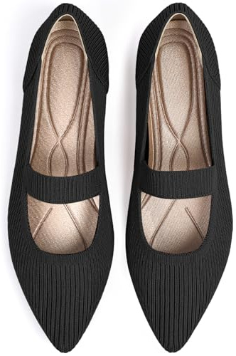TINGRISE Women's Flats Shoes Pointed Toe Knit Washable Ballet Comfortable Dressy Mary Jane Flat Black US7.5