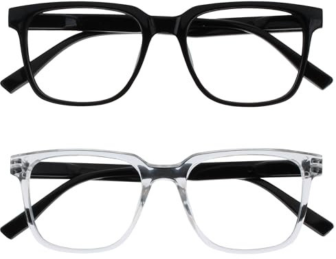 OPULIZE LEO Gafas de Lectura - Pack de 2 - Montura Rectangular Grande - Negro, Transparante - Hombre Mujer - Bisagras de Muelle - RR55-1C - +1.00