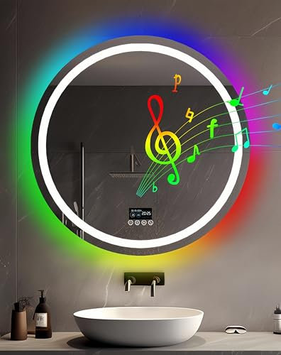 LUVODI Badspiegel Rund mit Bluetooth: 80cm Runder Spiegel mit RGB Beleuchtung, Digitaler Badezimmerspiegel Schminkspiegel, 4 Touchschalter 3 Lichtfarbe Dimmbar IP66 Entfoggen Memoryfunktion