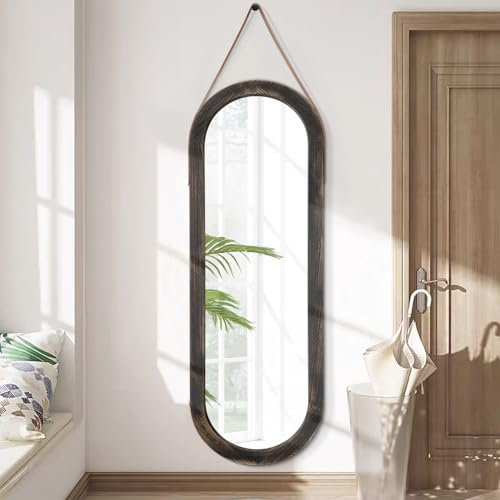 AAZZKANG Retro-Spiegel mit Holzrahmen und Lederband, oval, groß, für Schlafzimmer, Wohnzimmer, Eingangsbereich, 110 x 35 cm