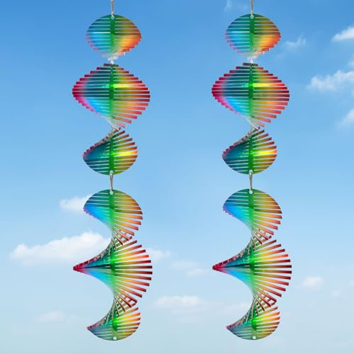 Aoedelyart Lot de 4 moulins à vent en forme de vague arc-en-ciel à suspendre en acier inoxydable de 17,8 cm - Dissuasif d'oiseaux pour l'extérieur, la cour et le jardin