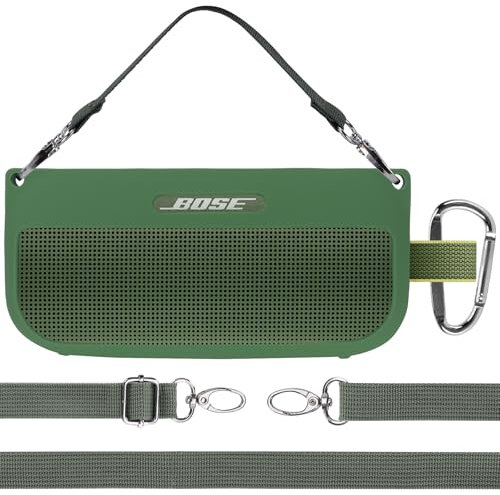 Lebakort Housse en Silicone pour Bose SoundLink Flex Enceinte sans Fil Bluetooth Portable et étanche avec Bandoulière, Bandoulière et Boucle d'escalade (Vert Militaire)