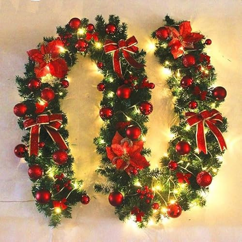HEIBTENY 2,7M Tannengirlande Weihnachts Girlande Grün Weihnachtsgirlande Mit Weihnachtsblumen Und Schleife Mit Oder Ohne Beleuchtung Outdoor Indoor Weihnachten Deko(Rot+Lichterkette)