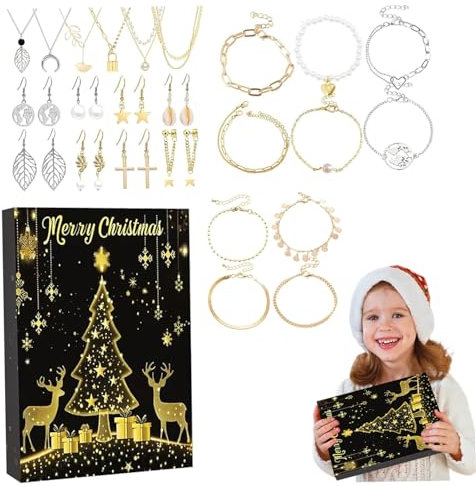 2024 Schmuck Adventskalender 24 Tage Gold- und Silberschmuck -Adventskalender umfassen Ohrringe, Halsketten und mehr Weihnachts -Countdown -Adventskalender für Kinder, Erwachsene, Erwachsene