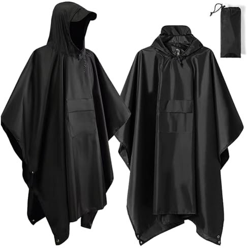 Wasserdichter Regenponcho Damen Herren, 3-in-1 Multifunktions-Regencape, Regen Cape Regenschutz Regen Poncho für Festivals Outdoor Wandern Camping Zelten Freizeitpark, Schwarz