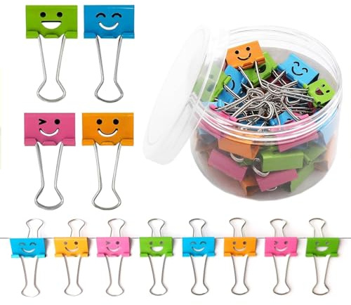 40 Stück Foldback Klammern 19mm,Foldback Klammern,Mit Niedlich Lächelndem | Papierklammern,Binder Clips,Sortierte Farben,Bunt Dokumentenklammer,Für Bürobedarf Notizen Und Gewürzklammer Verpackung