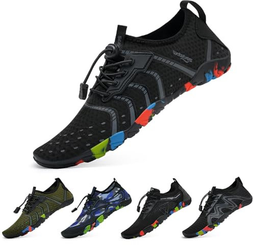 WateLves Badeschuhe Wasserschuhe Damen Herren Schnell Trocknende und Schnell Tragende Strandschuhe für Tauchen Surfen Wassersport Wandern Yoga Alltag Linie Schwarz 45 EU