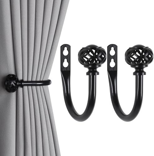 Meplait 2 Pack Curtain Holdbacks, Coin Lantern Curtain Holdbacks Curtain Tie Backs Hooks Wall Mounted Curtain Tiebacks Curtain Holders for Drapes (Black)