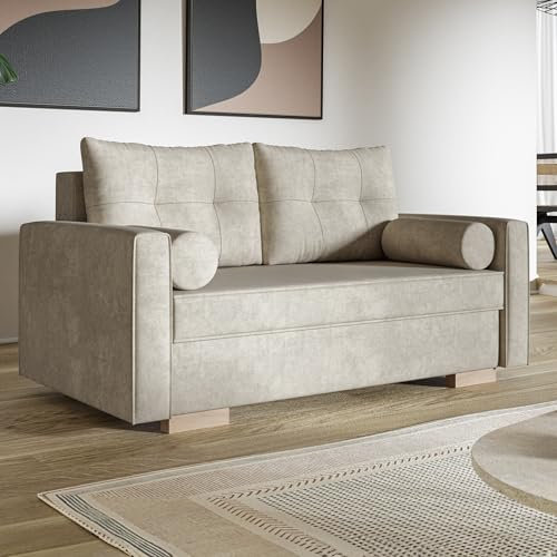 MOTIVENA Viena 2 Sitzer Sofa mit Schlaffunktion, Schlafsofa 160 cm Breit, Sofa 2 Sitzer, 2er Sofa, Sofa Klein, Keine Couch, Schlafsofa 2 Sitzer, Taschenfederkern (H3), Samt Sofa Beige (Creme)