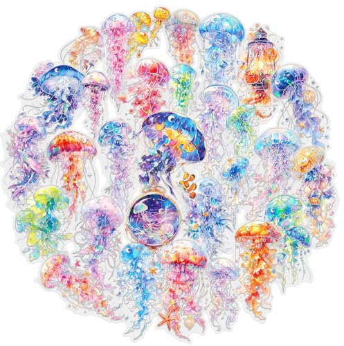 Calkkrer 30 Stück Fantasie Quallen Aufkleber Set, Transparent, Holographisch, Silberne Folie, Unterwasser Ozean Sticker, für Scrapbooking, Journaling, Kunsthandwerk