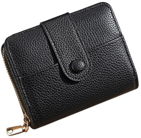 KEYRI Geldbörse Klein aus Weichem Leder Kleines Portemonnaie Damen Mini Geldbeutel Zipper Münzfach Exklusiven Synthetisches Portemonnaie mit RFID und Druckknopf und Vielen Fächern (Schwarz)