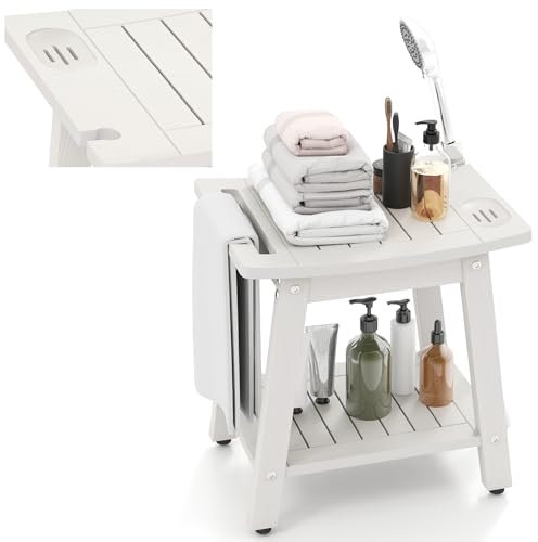 HOMASIS Sgabello Bagno in HIPS, Sgabello Doccia con Portasapone, Porta Asciugacapelli, Porta Asciugamani e 2 Ripiani, Sgabellino da Bagno Multiuso per Incinta e Disabili, Portata di 150 kg, Bianco