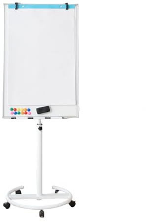 FANTASK Flipchart Ständer, 100x65cm, Mobiles Whiteboard auf Rollen, höhenverstellbar bis 192cm, trocken abwischbar, magnetisch, Flip Chart mit rundem Ständer, Magneten, Markern & Radierer, Weiß