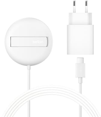 Belkin Magnetisches Kabelloses Ladegerät (15W) mit Ständer – zertifiziertes MagSafe Ladegerät, Qi2 Ladestation für iPhone 16, 15, 14, Samsung Galaxy S25, S24, AirPods usw. (mit Netzteil) – Weiß