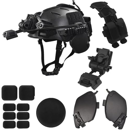 YChoolco Taktisches Airsoft-Helm Set mit verstellbarem Kinnriemen Rail 3.0 Seitenschutz für die Ohren NVG-Halterung und Helmbatterietasche(BK)