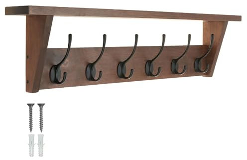 keypak Victorian Oak Coat Rack Shelf Combo 6 Black Hooks - 80cm Coat Rack Rustic Wall Mounted Coat Rack Shelf for Hallway, Bedroom, Kitchen, Bathroom