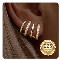 Adramata Ohrringe Silber 925 für Damen Mädchen 14K Vergoldet Doppel-Creolen 925 Silber, Hypoallergen 4 Krappen Wrap Ohrringe Silber für Ein Ohrlöcher