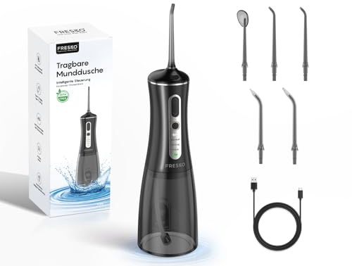FRESKO Idropulsore Dentale Portatile 300 ml Irrigatore Orale | 4 Modalità 45-105 PSI, Batteria 2600 mAh, Impermeabile IPX7, 5 Punte Per Apparecchi E Impianti