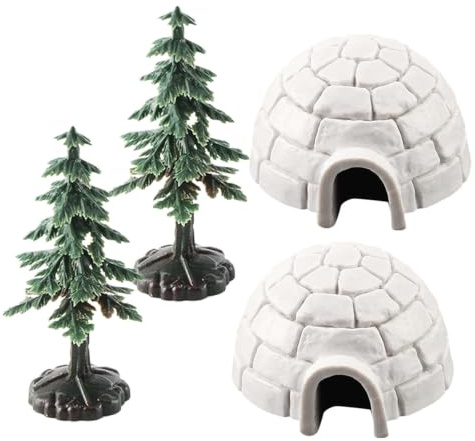MUELODSIC 4 Stück Miniatur Eishaus Dekor Simuliertes Iglu Modell mit Kleiner Weihnachtsbäumen Langlebiges Kunststoffmaterial Geeignet für Schreibtisch Bücherregal und Festliche Tischlandschaften