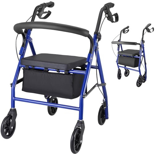 Rollator mit 4 Rädern, ultraleicht, zusammenklappbar, mit Bremsen, Sitz, höhenverstellbaren Griffen und Tragetasche