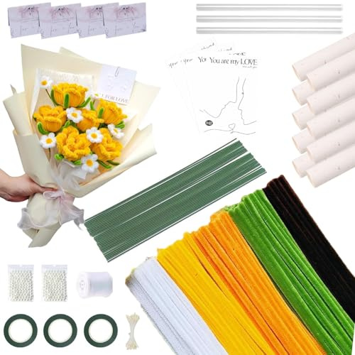 Ptyism 500 Pcs Pipe Cleaner Flowers Kit（Complimentary Greeting Card and Wrapping Papers etc）Yellow 5 Colours，Pipe Cleaners for Flowers,Pipe Cleaner Flower Kit for DIY Projects, Craft Accessories