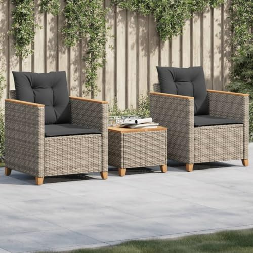 Teenpull 3-TLG. Bistro-Set mit Kissen, Grau Poly Rattan, Akazienholz, Outdoor Möbel für Garten Balkon Terrasse, 2 Stühle und Tisch