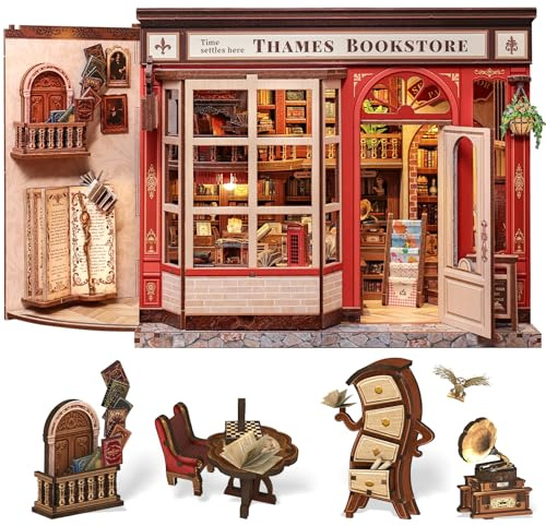 Cutefun Book Nook - DIY Miniature 3D Holzpuzzle House (Thames Bookstore) | Bücherregal 3D Wooden Puzzles Dekorationfür Erwachsene, Geschenk für Frauen