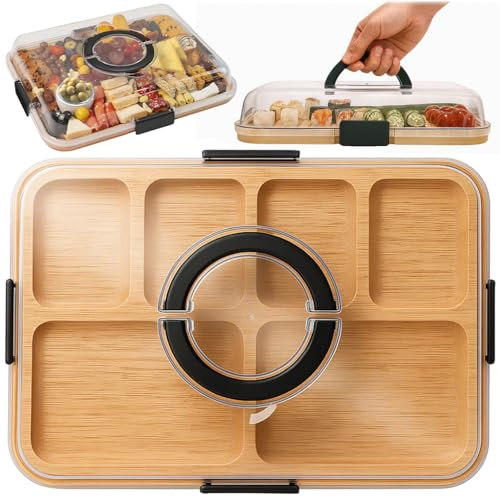 Wellhaus Käsebrett mit Deckel - Bambus Charcuterie Board für Snack & Antipasti, Rechteckig Käseplatte Servierbrett Küchenbrett, Tragbares Servierplatte für Picknick, 37 x 29 x 6,5 cm