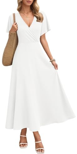 AUSELILY Robe Maxi Femme été 2026 - Robe d'Été Élégante à Manches Courtes Lâches avec Poches et Col V Robe Longue Vacances Plage Robe Femme Léger Confortable Blanc M