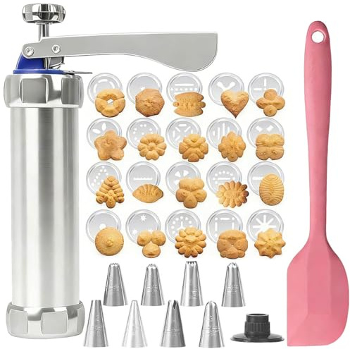 ZXBBTZ Presse À Biscuits Seringue À Garnir en Acier Inoxydable avec 20 Motifs, 8 Douilles Et Une Spatule Seringue À Biscuits Seringue Pâte Presse Pâte pour Décor