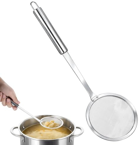 Stainless Steel Ultrafine Mesh Oil Skimmer Strainer, Fine Mesh Strainer Skimmer Spoon Soup Residue Oil Strainers Colander Spoon with Long Handle for Skimming Cooking Frying Grease Gravy and Foam