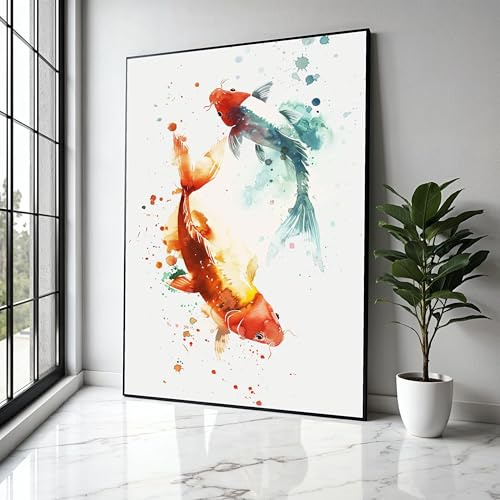 YUSUZHU Farbenfrohe Koi-Fisch-Leinwandbilder, Aquarell-Fischgemälde, Asiatische Tiere als Heimdekoration, Natur-Aquarium-Bilderdrucke (60x80cm/Innenrahmen)